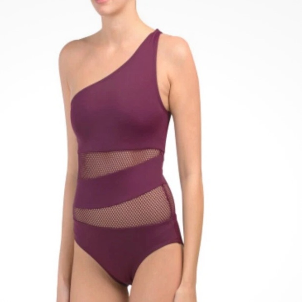 Carmen Marc Valvo one piece One-Shoulder Plum purple mesh spandex bl 6 Swimsuit